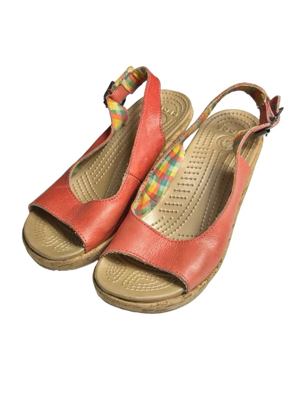 Crocs A-Leigh Coral Leather Cork Wedge Slingback Sandals Size 6